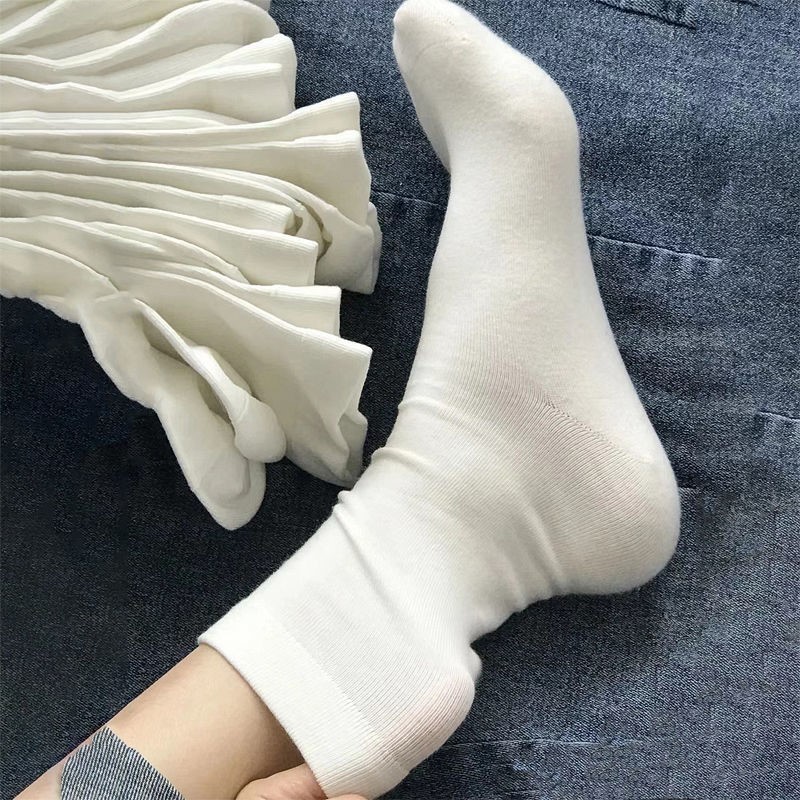 White Socks Women's Mid-Tube Socks Summer Thin Students Solid Color Pile Socks Japanese Spring And Autumn Pure Cotton Black Stockings details Picture