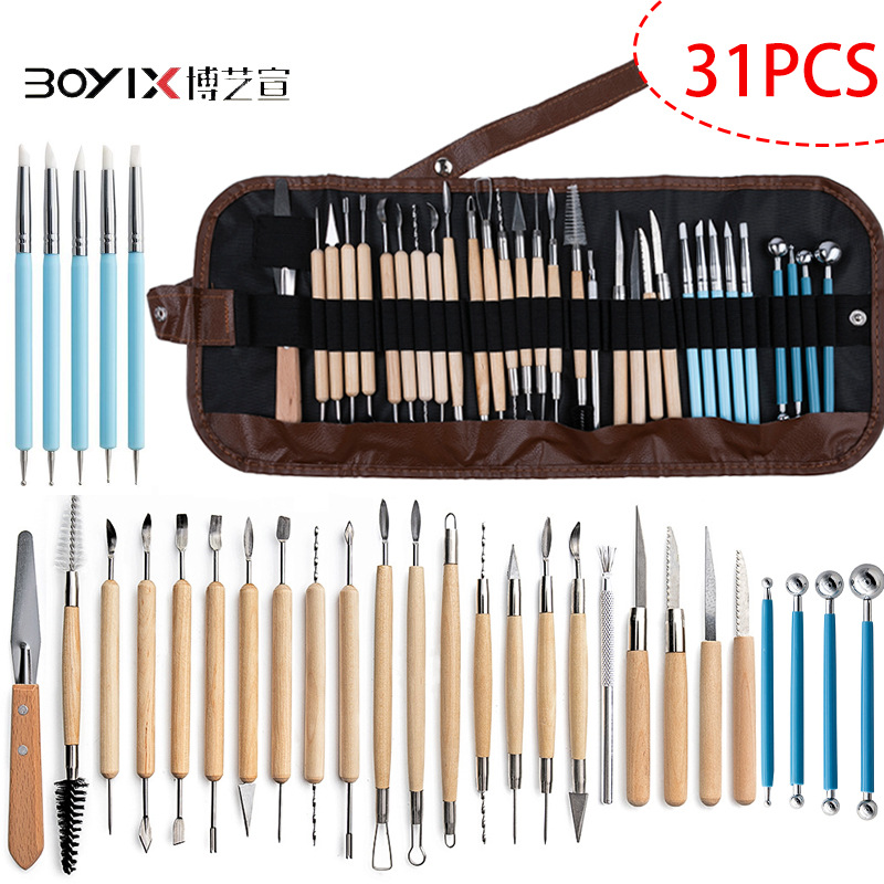 Cross-border 31-piece multi-functional DIY clay sculpture, stainless steel drill pen, cloth bag set and combination of clay tools