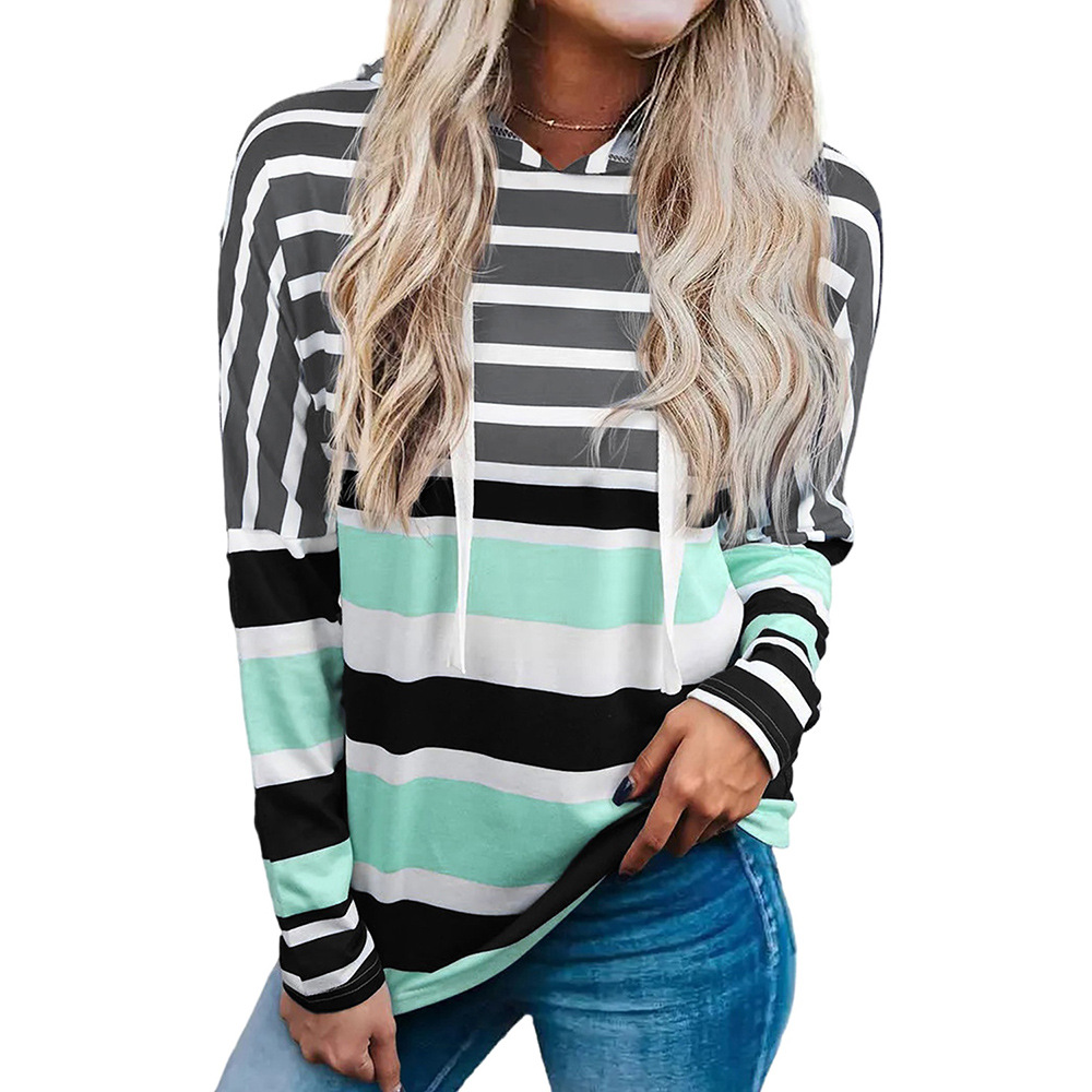 Wear a loose and versatile long-sleeved striped printed hooded sweatshirt for women Specification image