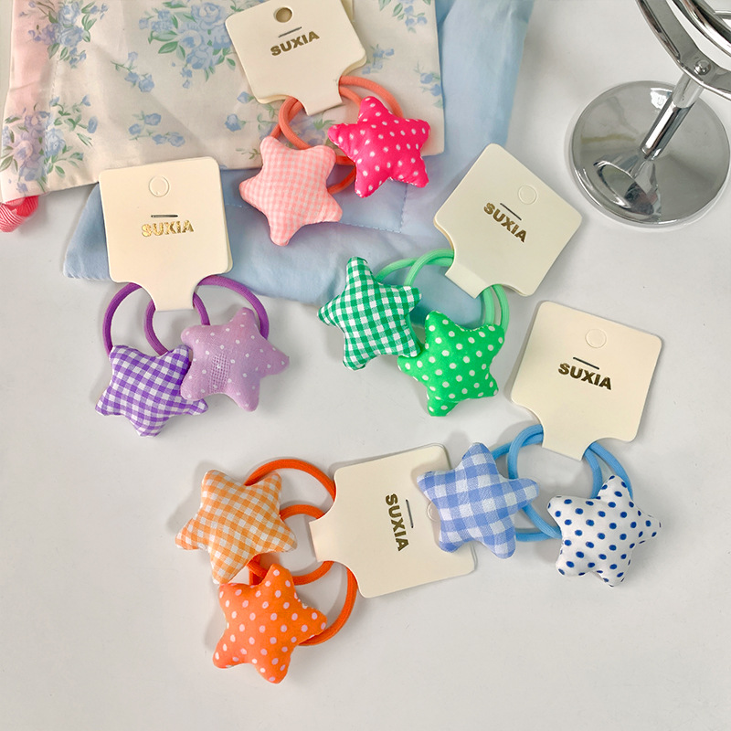 New Korean children's fabric checkered five-pointed star hair band, girls' polka dot star-shaped matching hair tie and leather band hair accessory Specification image