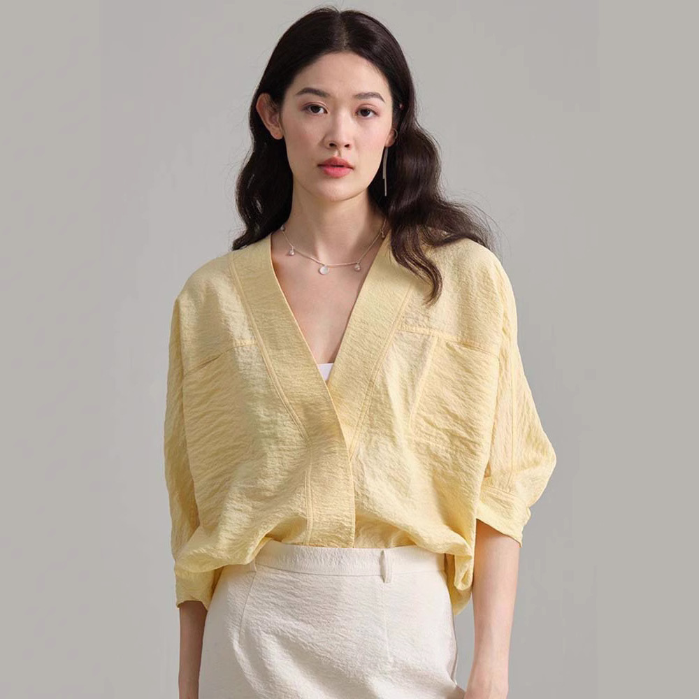 TH～ROW 2025春夏可水洗皱感干丝无领蝙蝠袖品牌真丝衬衫女上衣