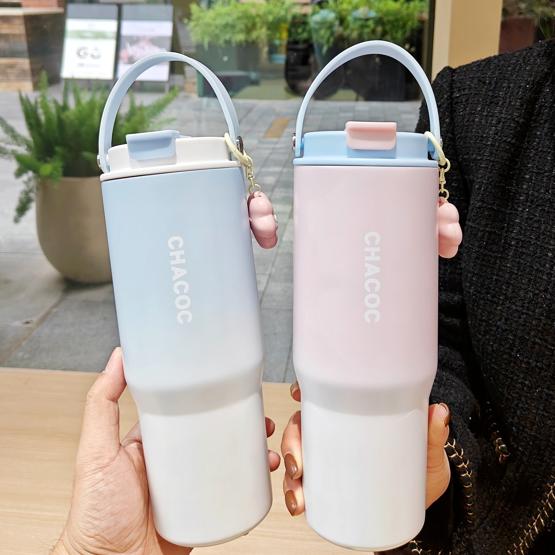 时尚渐变真空保温杯简约女士大容量咖啡杯便携手提杯子礼品杯批发