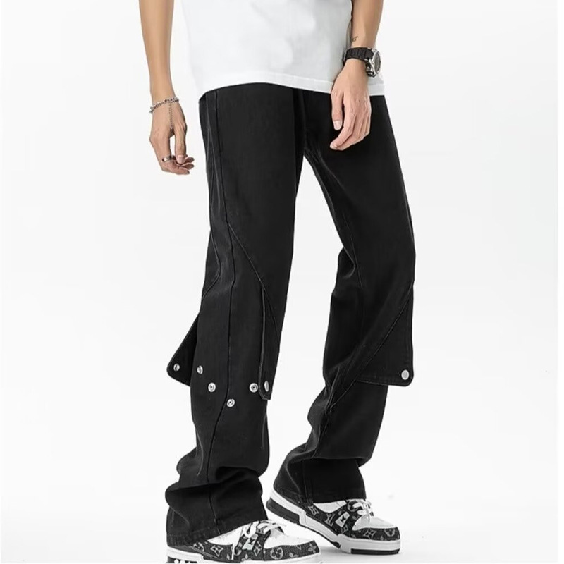 FUIV men's high street jeans with a button-up design, a niche black long pants, slim-fit, loose, straight-leg trendy pants Specification image