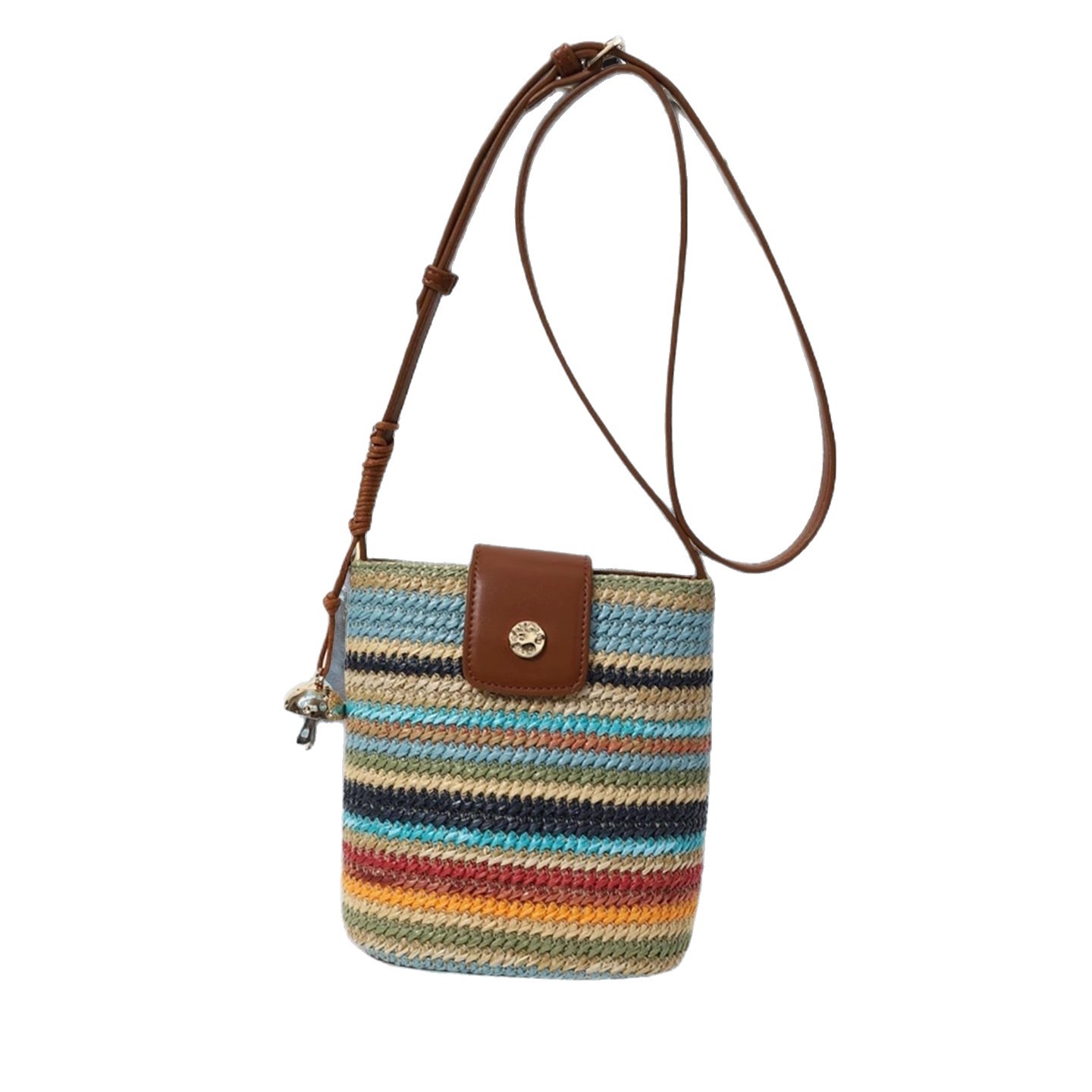 A niche design woven rainbow color-blocking bucket bag for women, a new 2025 fashionable and versatile vacation single-shoulder crossbody bag Item Picture