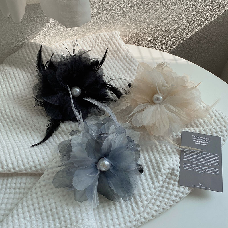 (Event Only) Free Shipping! Korean Version Flower Feather Grab Pearl Back Head Large Hair Grab Temperament Spring/Summer Hair Clip Headwear Hair Clip Female Specification drawing