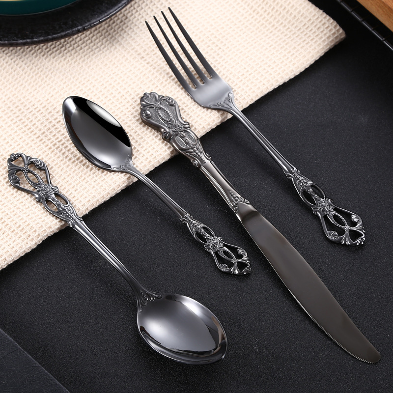 304 stainless steel knife, fork and spoon Western tableware Creative Imperial Court retro relief steak knife, fork and spoon four-piece set gift box details Picture