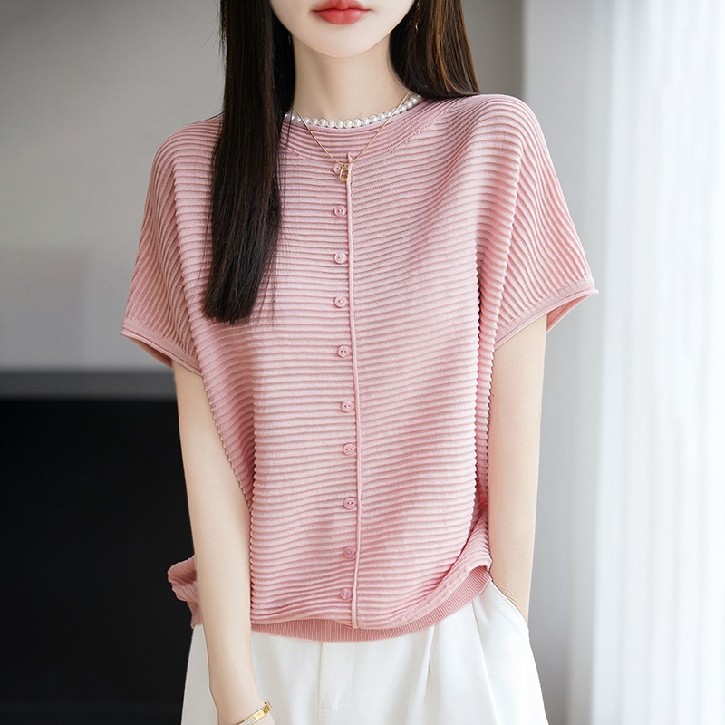 Summer new Tencel Lyocell knitted short-sleeved women's striped flying sleeve T-shirt top loose solid color short details Picture