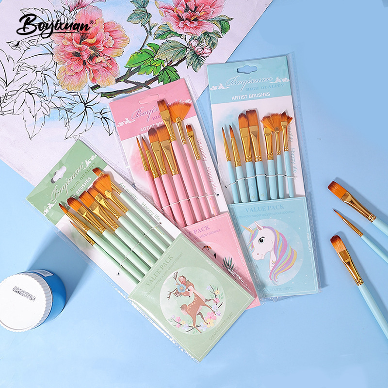 Boyi Xuan Wooden Stick 10-piece nylon set of brushes, children's art watercolor painting brushes, gouache acrylic oil brushes