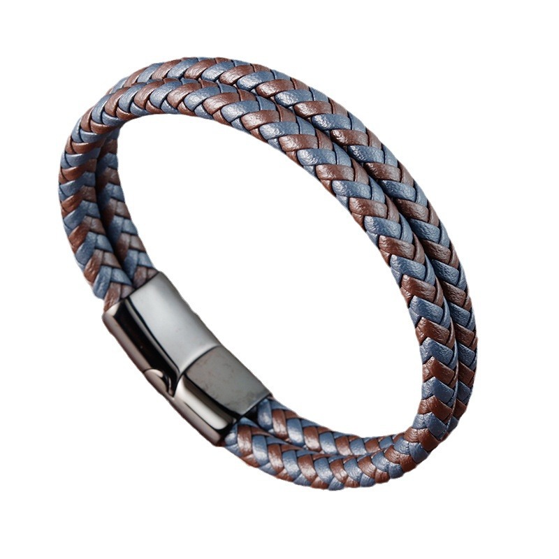 Europe And The United States Explosive Stainless Steel Leather Bracelet Men's Black Magnet Buckle Microfiber Leather Braided Stainless Steel Bracelet Item Picture