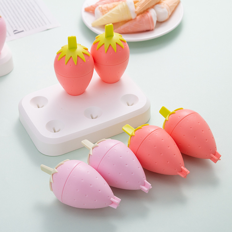 Cute fresa helado molde de silicona de grado alimenticio para niños caja de hielo hielo abrasivos para palitos para el hogar helado casero details Picture