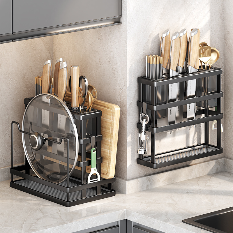 Multi-functional knife, cutting board rack, chopping board integrated storage rack, chopsticks and tableware draining rack, desktop wall-mounted, no need for drilling details Picture