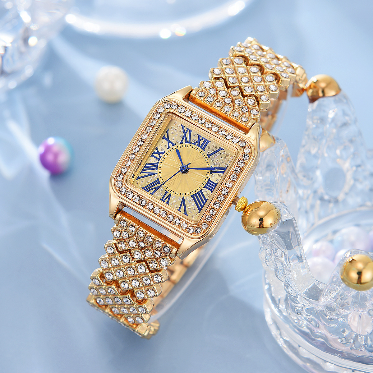 Cross-border best-selling light luxury and fashionable Roman numeral dial full diamond strap ladies' watch quartz watch manufacturer wholesale details Picture