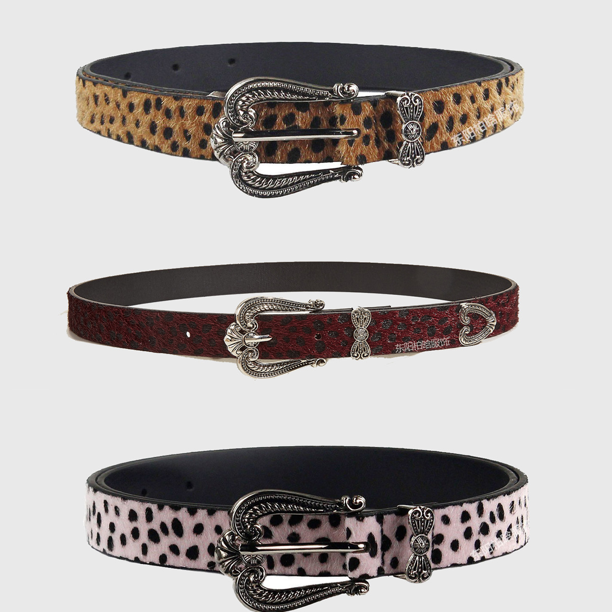 跨境爆款酒红色爱心豹纹马毛腰带复古雕花西部扣配连衣裙皮带
