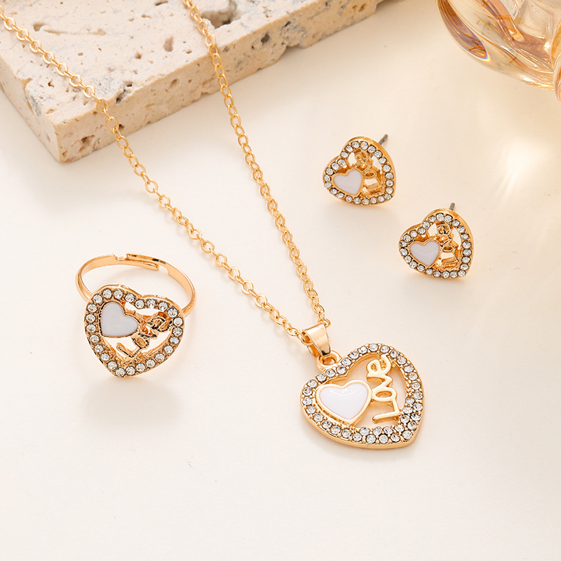 Europe And The United States Ins Love Jewelry Set Cross-Border Fashion Diamond-Inlaid Love Letter Heart Necklace Earrings Ring 3-Piece Set Specification drawing