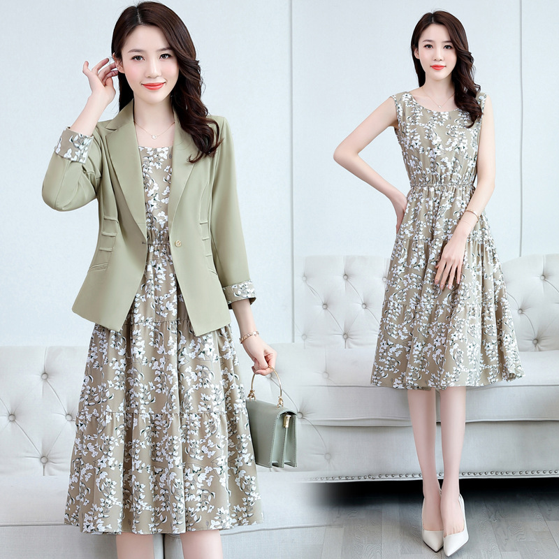 2022 New Autumn Suit Early Spring Floral Chiffon Gentle Dress Women's Dress Summer Two-Piece Set Spring And Autumn Specification drawing
