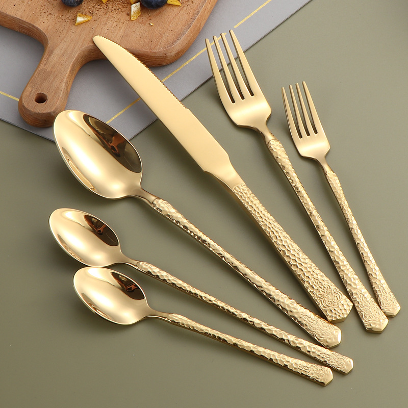 Cross-border hammer-patterned stainless steel knives, forks and spoons, high-end and light luxury dining spoons and forks, gold-plated steak knives, elegant Western dining gift tableware Specification image