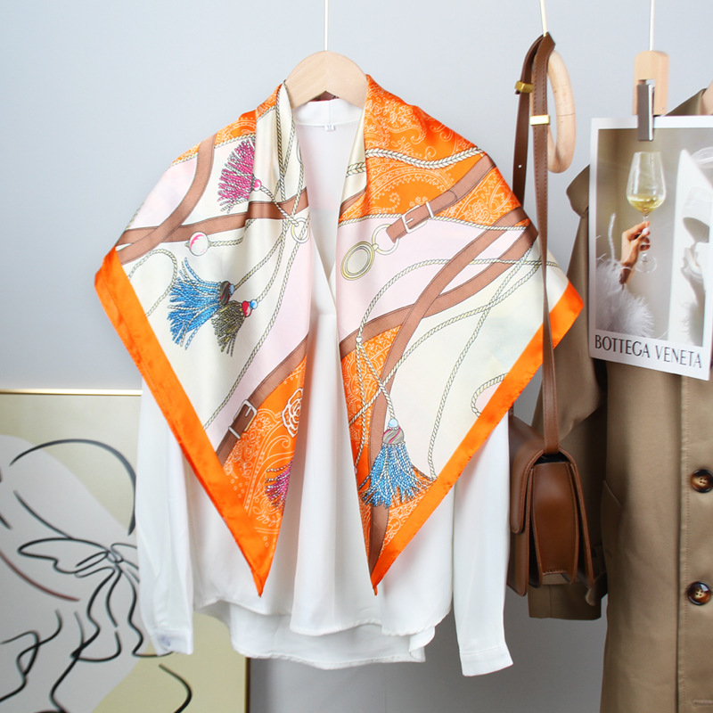 跨境热销90cm大方巾复古丝巾女法式高级感印花职业领巾色丁围巾批