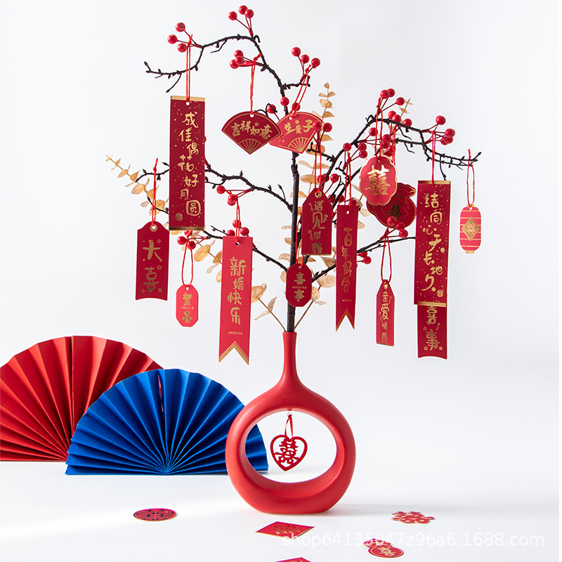 现代风中国红陶瓷花瓶摆件婚庆结婚乔迁新年家居布置仿真花装饰图