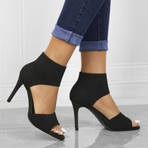 heels 2023新款欧美时装女鞋舒适超高跟显瘦黑色飞织细跟鱼嘴凉鞋