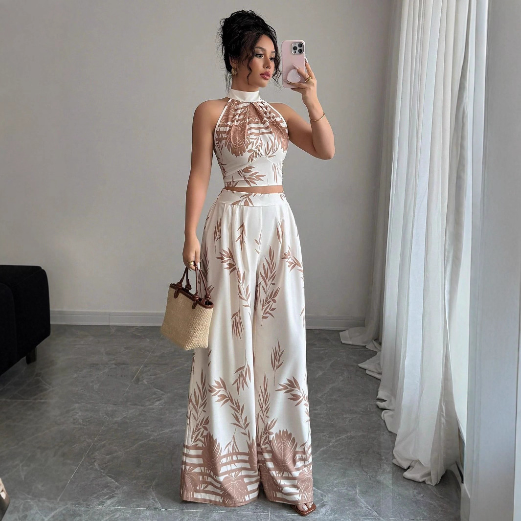 Cross-border Amazon Women's Clothing 2025 Summer Vacation style European and American style halter vest wide-leg long pants Printed set Item Picture