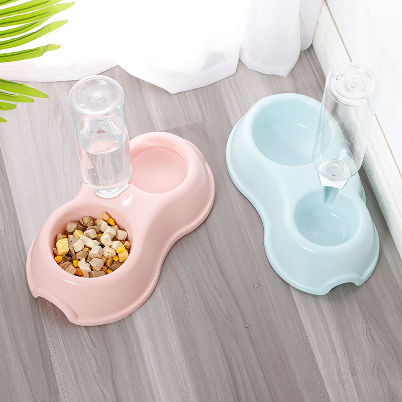 Plastic double-bowl cat and dog food bowl and water dispenser, pet plastic bowl with water bottle set, complete two-in-one, factory direct supply Specification image