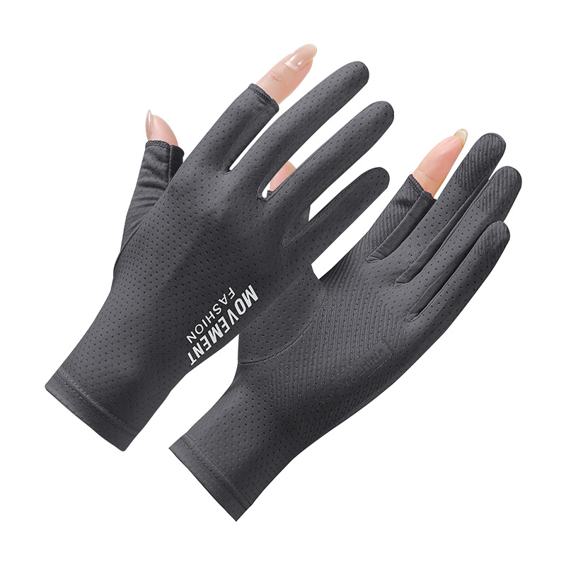 Summer ice silk sun protection gloves for women, cycling, driving, breathable, thin, anti-slip, two-finger-exposed short sun protection gloves Item Picture