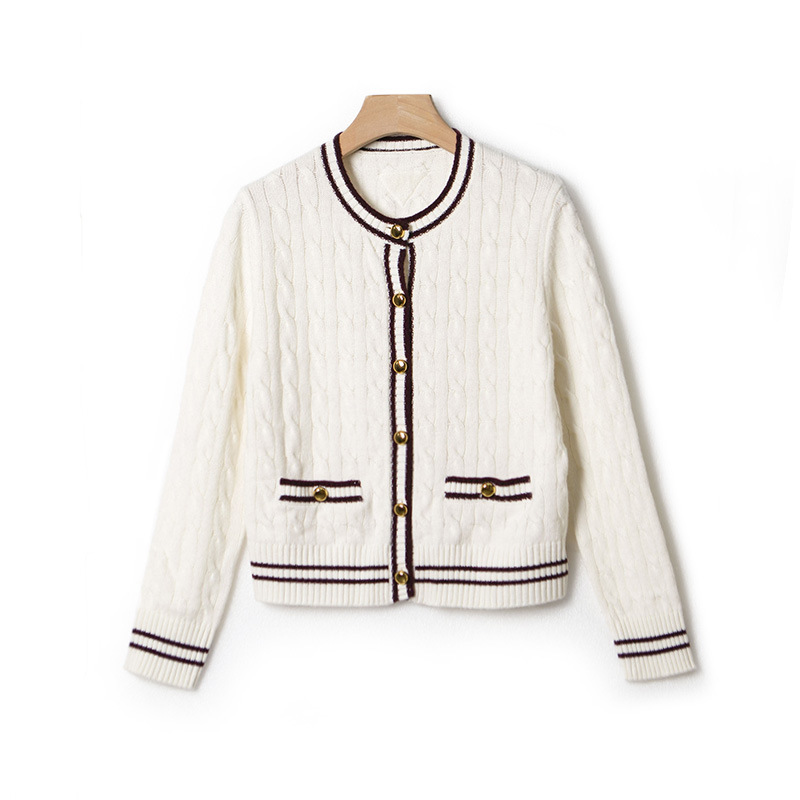 麻花绵羊毛粗花针织衫女2024秋冬新款法式100%羊毛圆领毛衣开衫