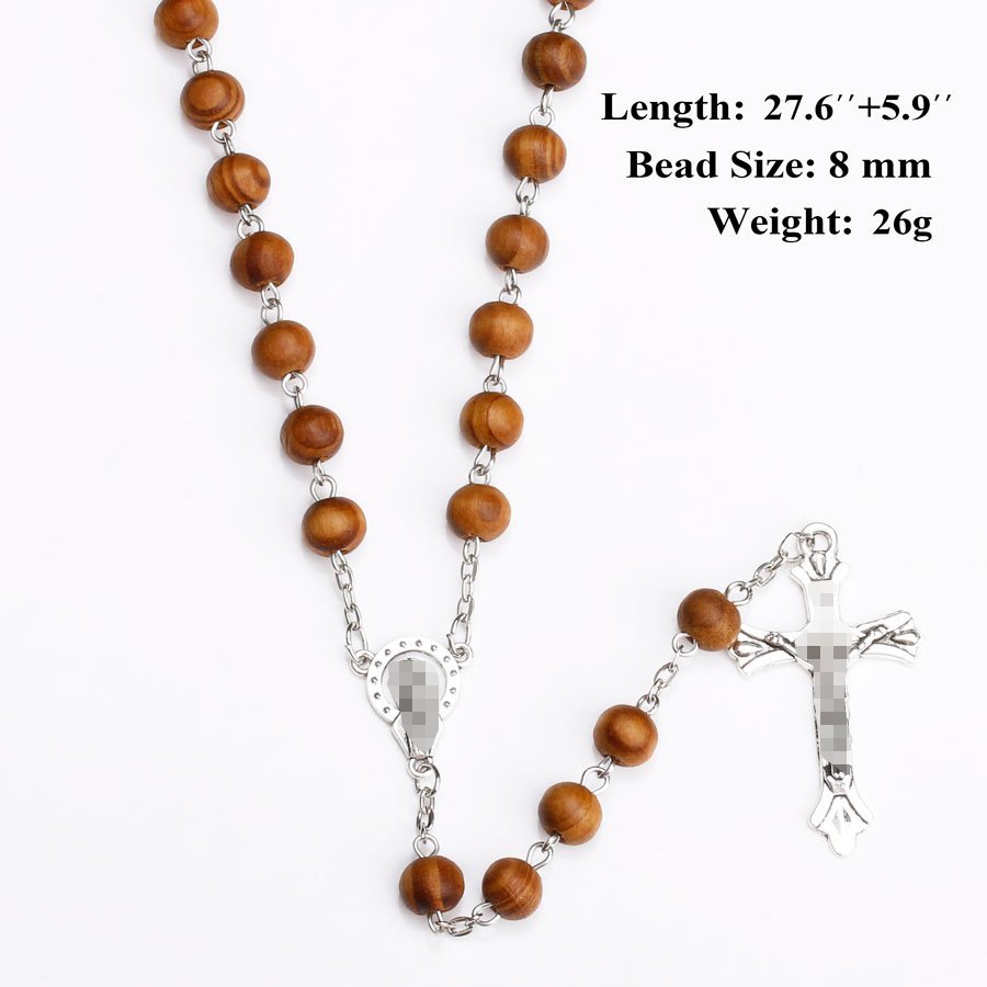 European And American Foreign Trade Hot Nine Pin 59 8Mm Wood Beads Beaded Necklace Cross Wood Beads Rosary Religious Necklace Manufacturers Wholesale Specification drawing