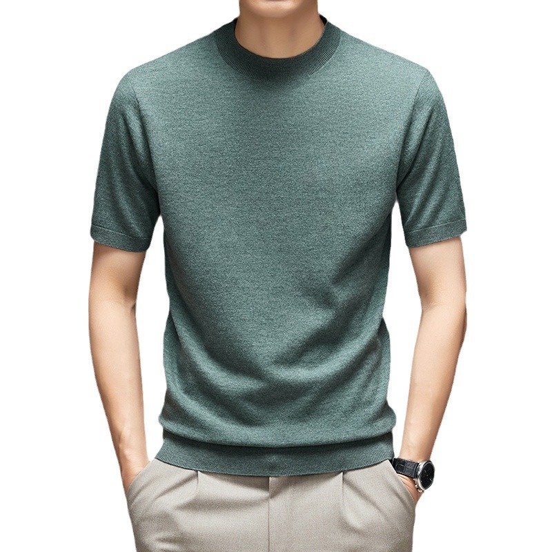 Spring fine-spun wool men's short-sleeved round-neck solid-color T-shirt pullover, a thin and versatile knitted top for young people Item Picture