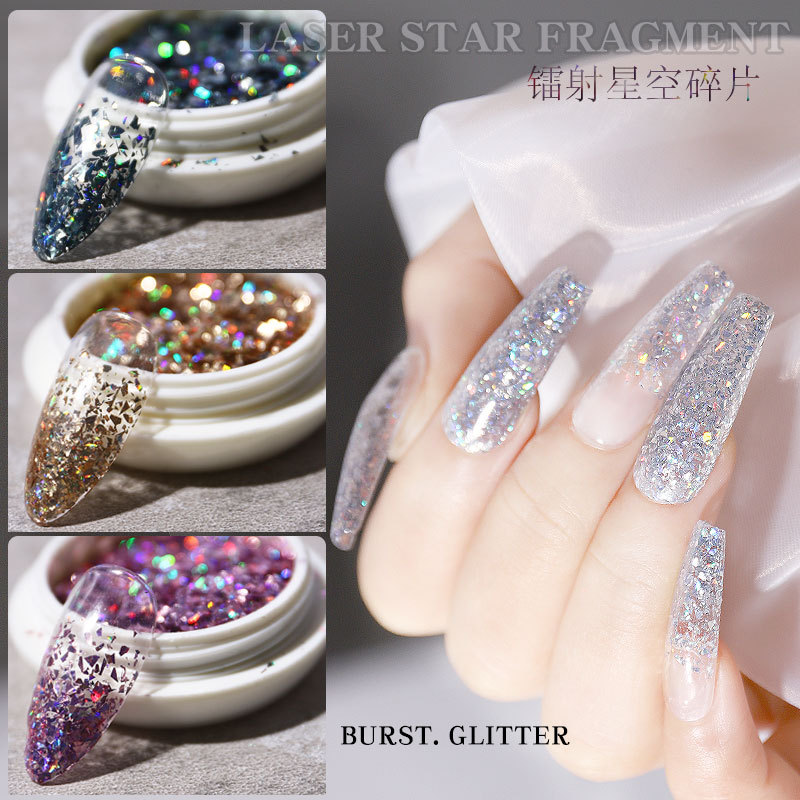 Wholesale of new cross-border nail art products that are popular online. Irregular laser starry sky fragment sequin nail stickers with color-changing and flashing colors full figure