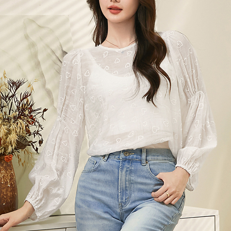 Baizi jacquard fabric see-through chiffon shirt for Women 2023 Autumn New style Sun Protection long-sleeved top for Women 231308