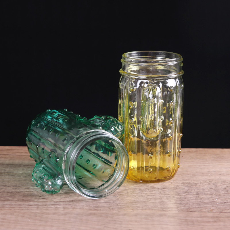Creative Gradient Cactus Juice Sippy Cup Colorful Mason Glass Handle Cup Drink Tea Cup With Straw details Picture