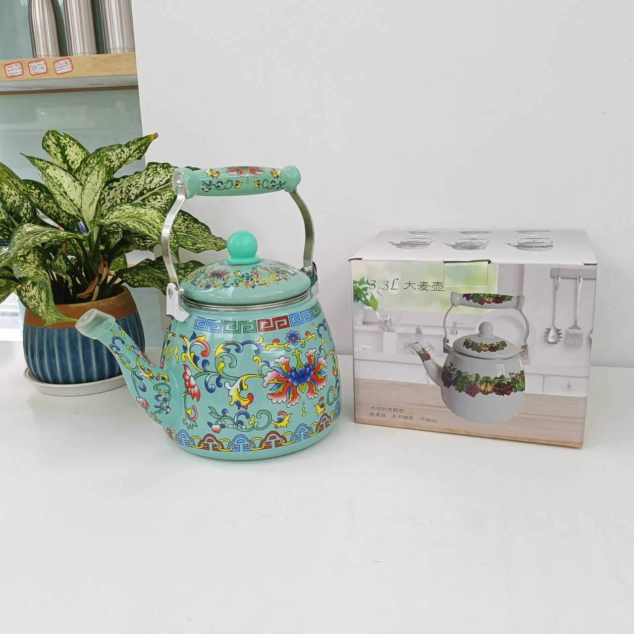 现货3.3L大麦壶红色黄色绿色电磁炉通用陶把搪瓷凉水壶茶壶抖音