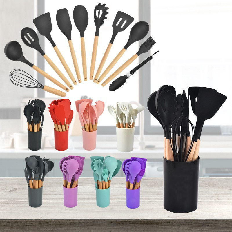 不粘锅木柄硅胶厨具12件套烹饪收纳桶厨房烹饪锅铲套装轻款