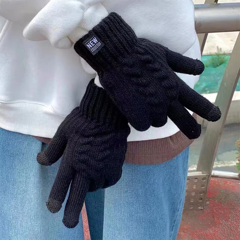 Wholesale of winter knitted warm touch screen cold-proof double-layer fleece gloves for men and women, Korean version cycling couple style for men details Picture