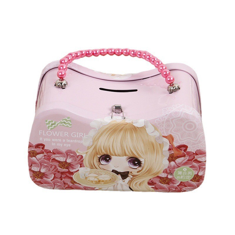 New Cartoon Girl Children's Hand-Held Beaded Chain Piggy Bank Creative Gift Tinplate Piggy Bank Password Lock Item Picture
