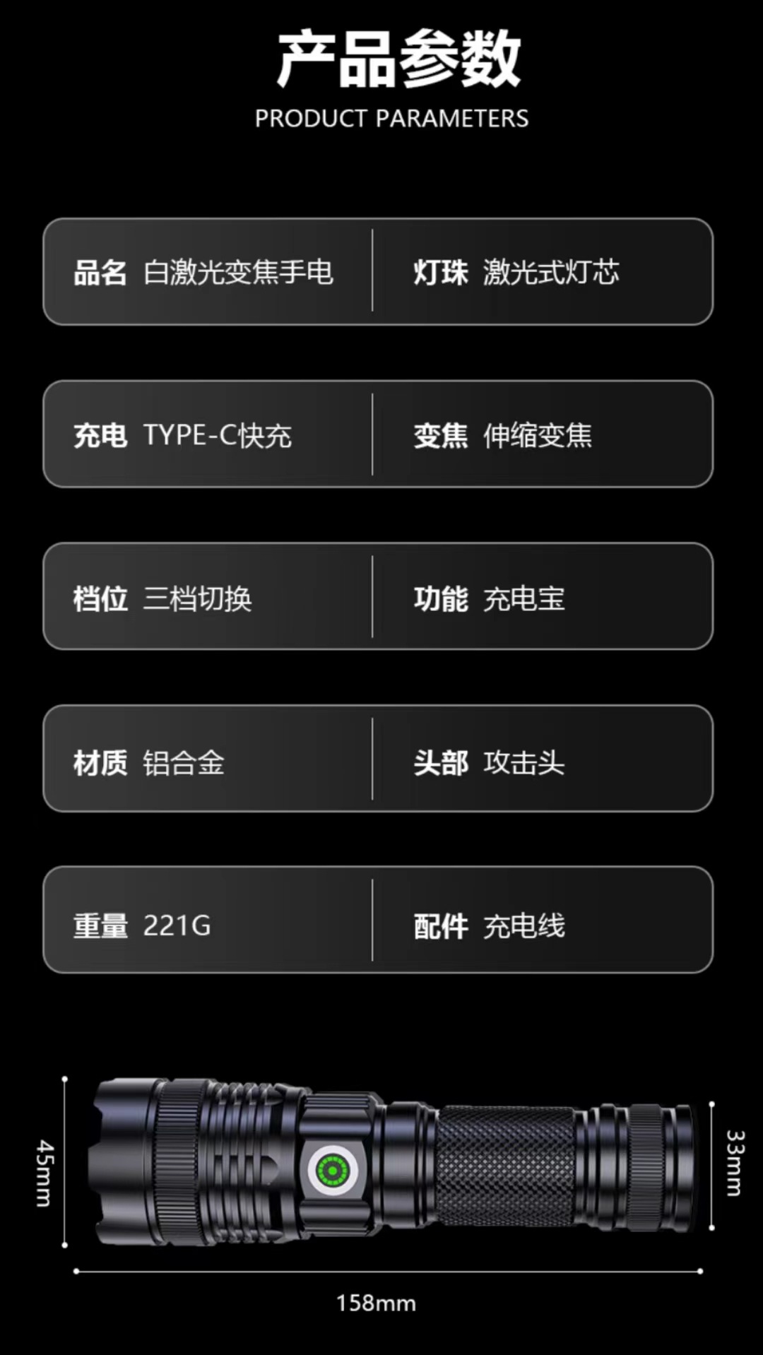 跨境白激光手电筒数显强光户外TYPE-C充电超亮战术手电筒变焦远射详情11