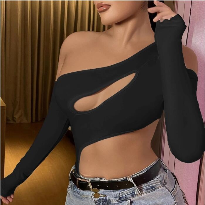 The 2024 early spring cross-border off-the-shoulder, hollowed-out long-sleeved jumpsuit features a new European and American ins style with a hot girl design sense and hollowed-out style
