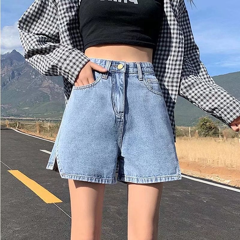 Stretch wide-leg denim shorts 2022 summer Korean style slimming women's casual pants with split cuffs and high-waisted denim hot pants Specification image