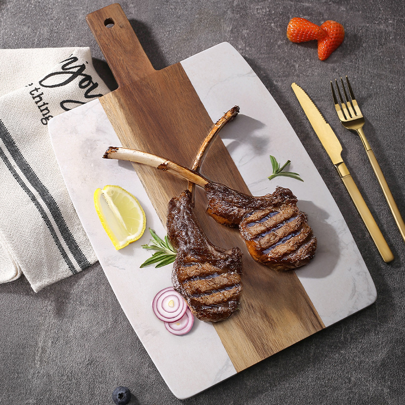 Marble cutting board made of acacia wood, white marble cutting board, cheese and cheese plating plate, handle cutting board details Picture