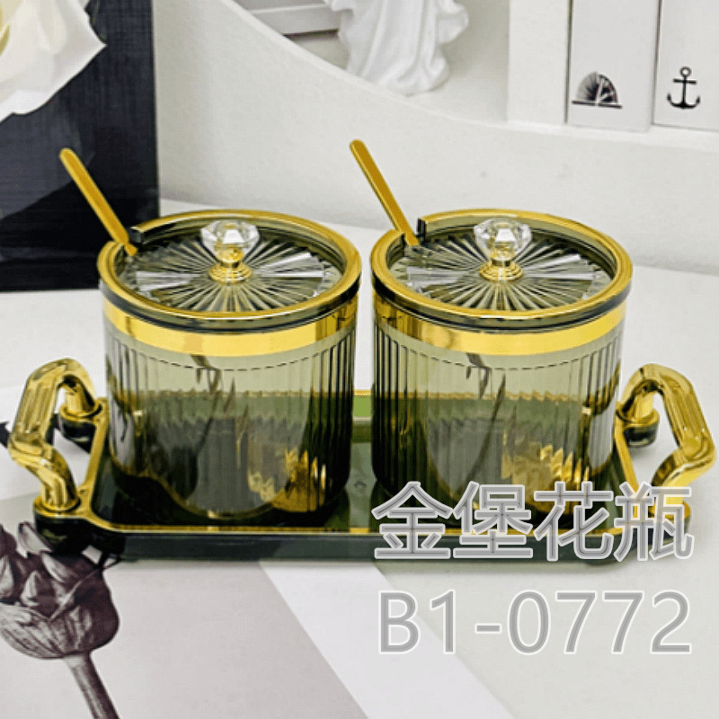 Condiment box Kitchen household condiment jar Seasoning jar Salt jar Seasoning combination set Seasoning bottle Seasoning bottle storage box Kitchen household condiment and Golden Castle vase storage box details Picture