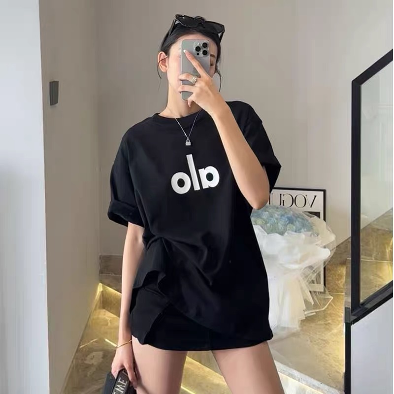 The correct version of ALO's front and back letter foam printed short-sleeved, worn and worn loose, versatile round-neck T-shirt for both men and women