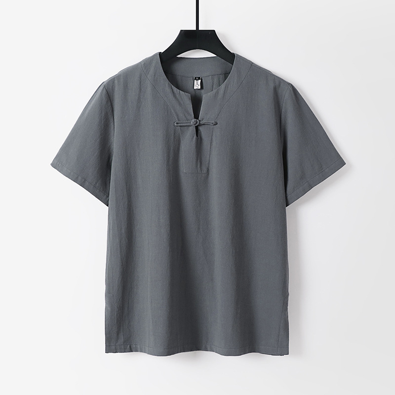 Chinese-style large-sized button-down cotton and linen short-sleeved shirt, Chinese Zen-inspired tea suit, summer loose linen T-shirt, men's undershirt