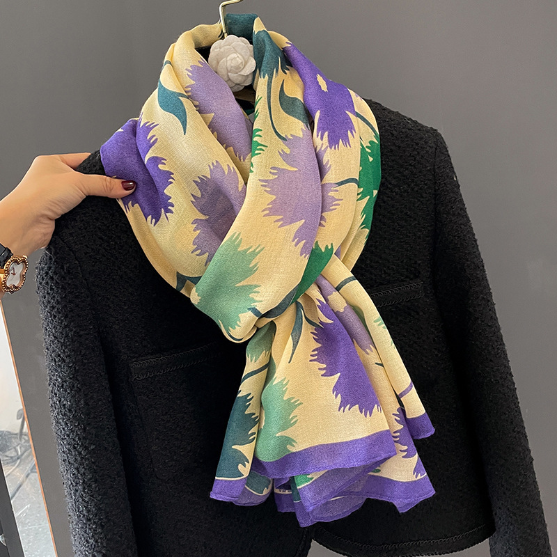 Soft Cotton Linen Floral Scarf For Women Spring Autumn 2023 New Blue Silk Scarf Mom Coat Popular Shawl Bib Specification drawing