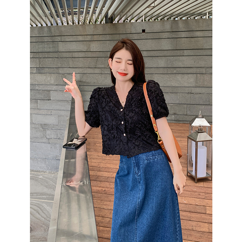 [XF]夏季法式洋气提花衬衫女式开衫潮流短袖V领开衫衬衣上衣8889