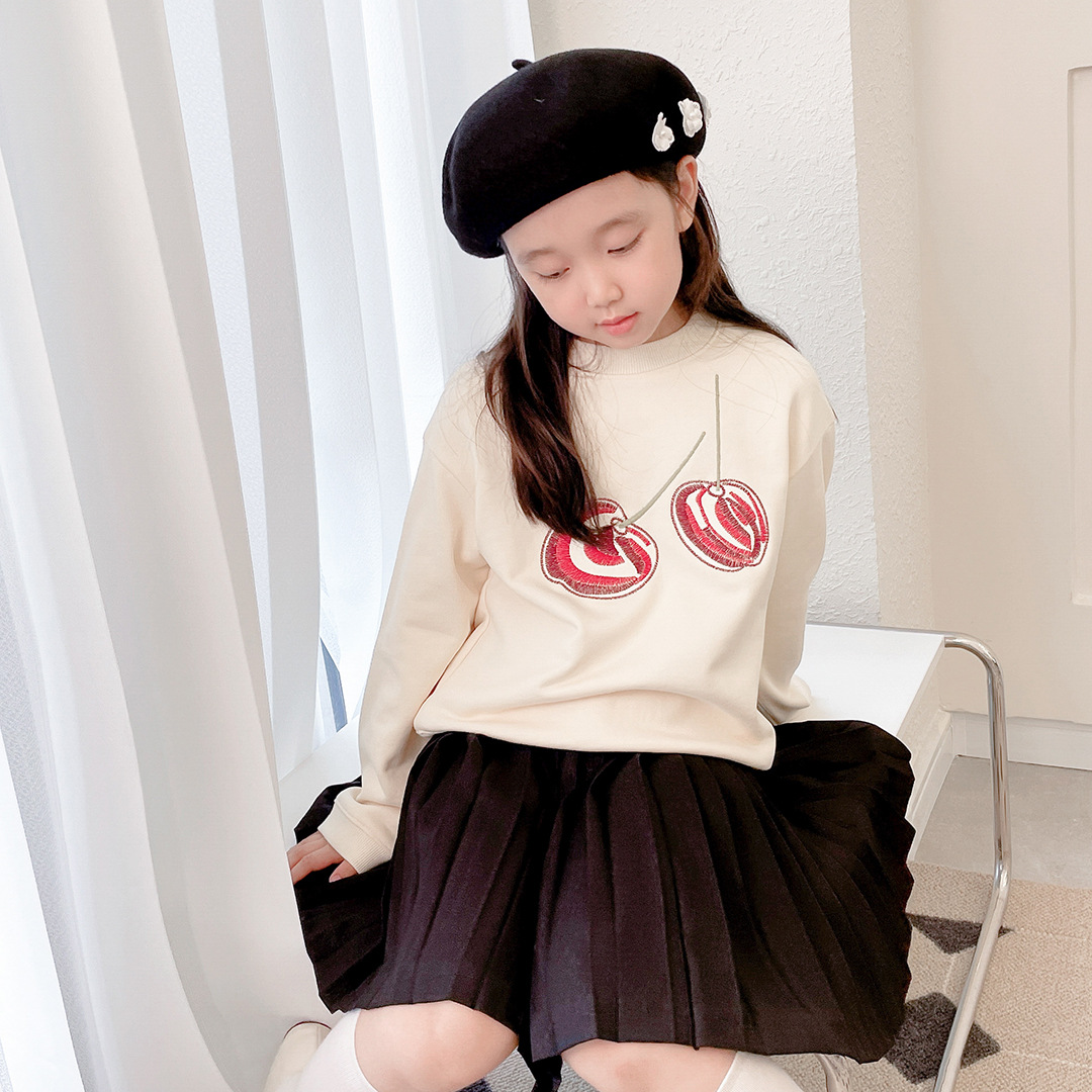 Sikke 22 otoño invierno niña 100% algodón cereza grande bordado lazo sudadera arroz blanco cute manga larga cuello redondo top details Picture
