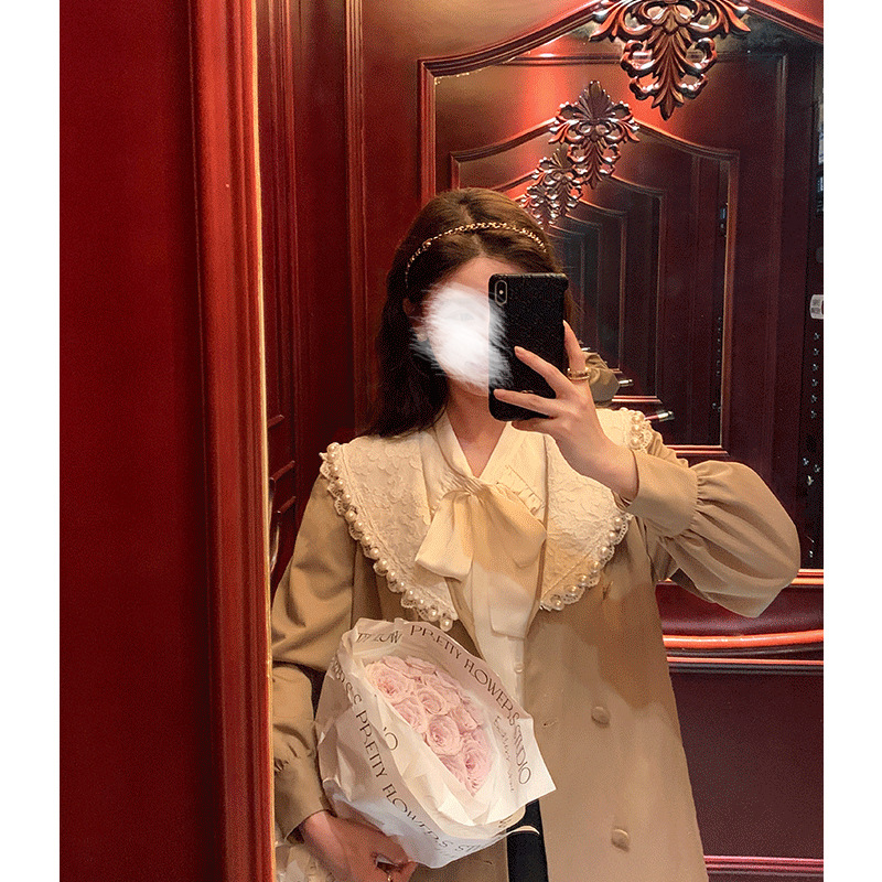 French lace pearl large lapel khaki trench coat for women's outerwear in autumn 2022, a versatile top with French style