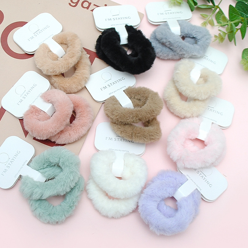 Manufacturers Wholesale Card-Loaded Leather Band Plush Towel Circle Hair Rope Sweet Girl Hair Band High Elastic High Ponytail Head Rope details Picture