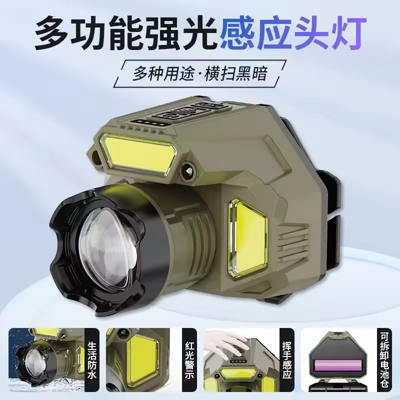多功能头灯长续航强光锂电池矿灯户外登山露营多用途防水感应头灯