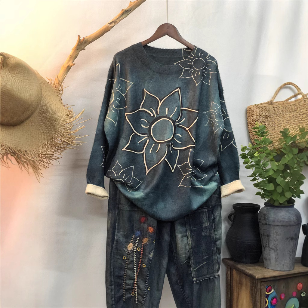 Plate-size women's 2024 new early spring and autumn thin hoodie for women, cartoon round-neck loose long-sleeved slimming Korean-style top Specification image